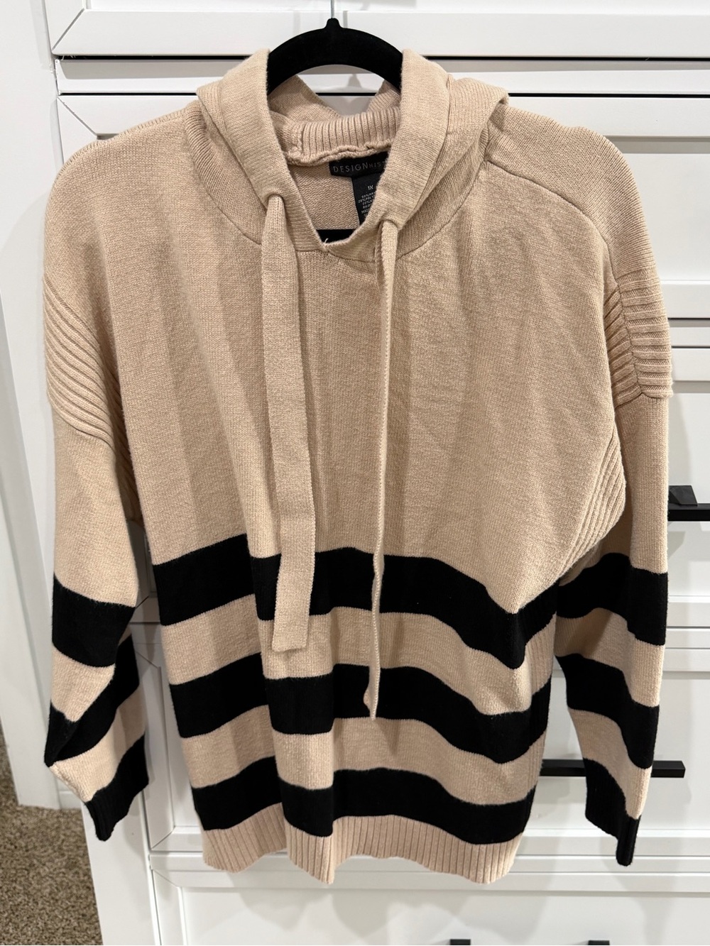Design History Beige and Black Striped Crewneck Sweater with Hood